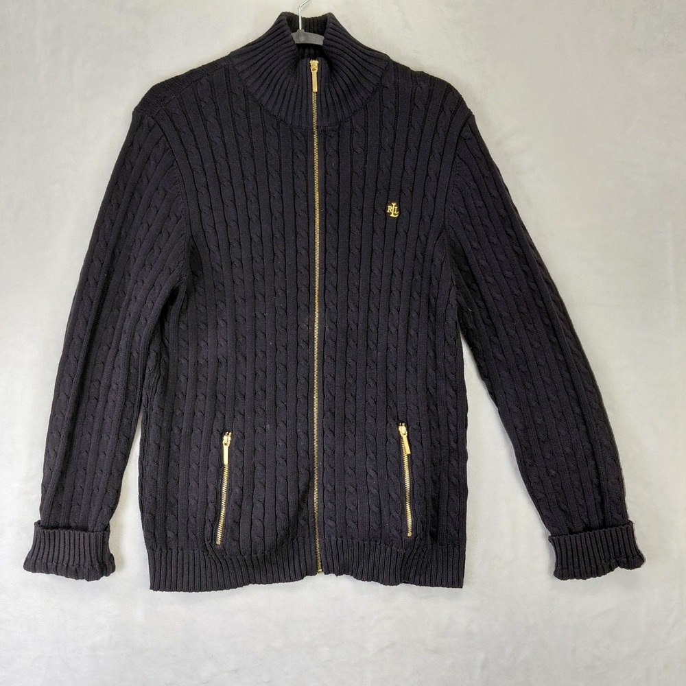 Lauren Ralph Lauren Navy Blue Cable Knit Full Zip Cardigan Sweater Gold Logo XL